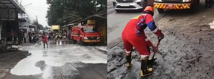 Limbah B3 Penuhi Jalan Cileungsi Akibat Truk Berhenti Mendadak
